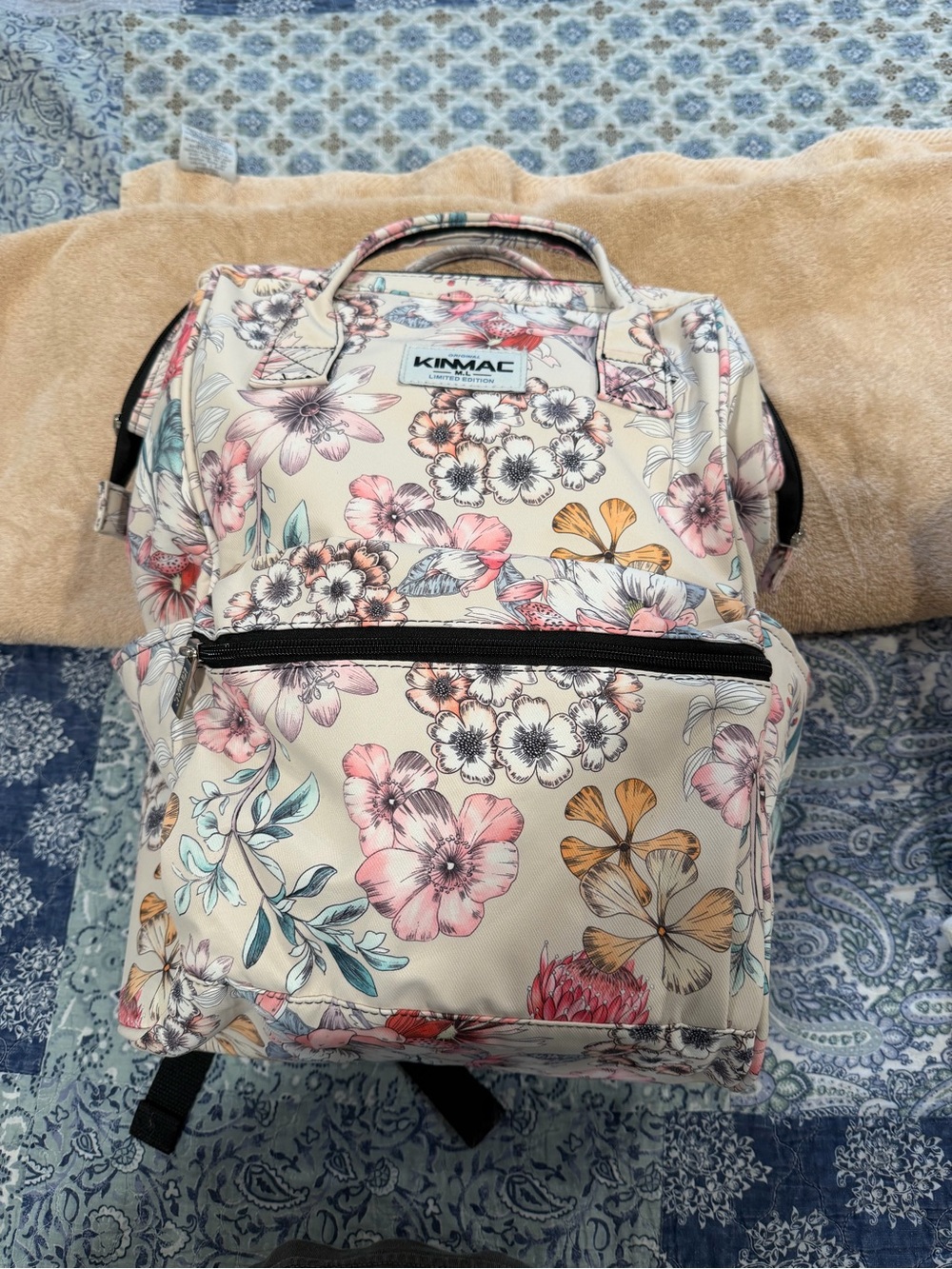 Floral Cream Women's Backpack with Pink & Blue Accents